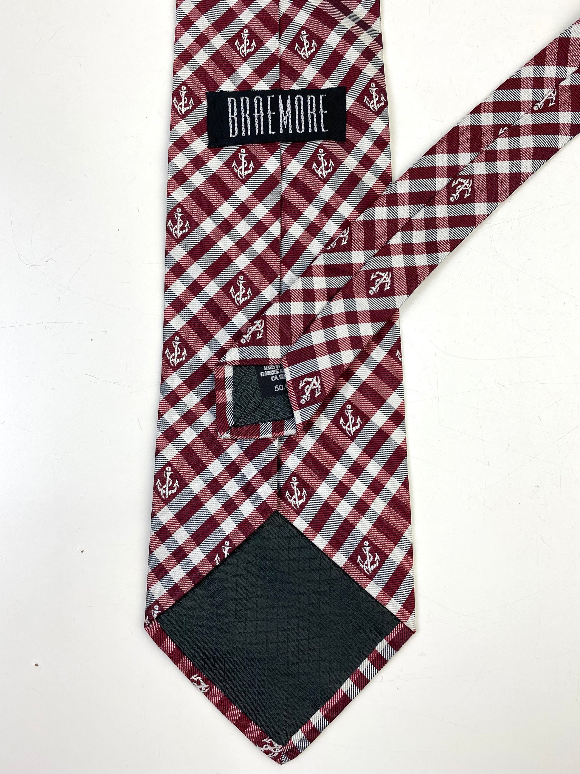 90s Deadstock Silk Necktie, Men's Vintage Wine/ Grey Plaid Anchor Pattern Tie, NOS