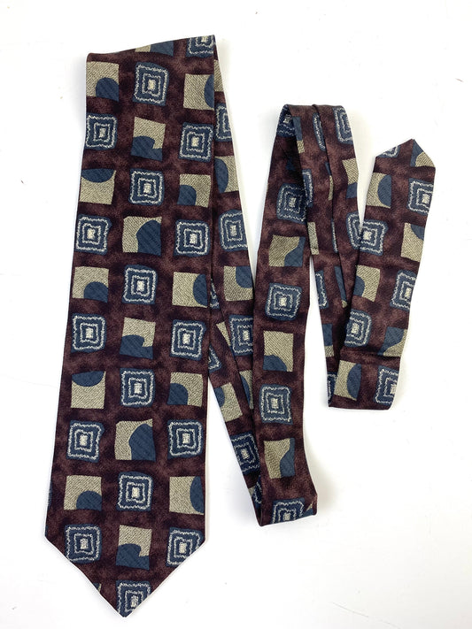 90s Deadstock Silk Necktie, Men's Vintage Brown/ Blue Square Pattern Tie, NOS
