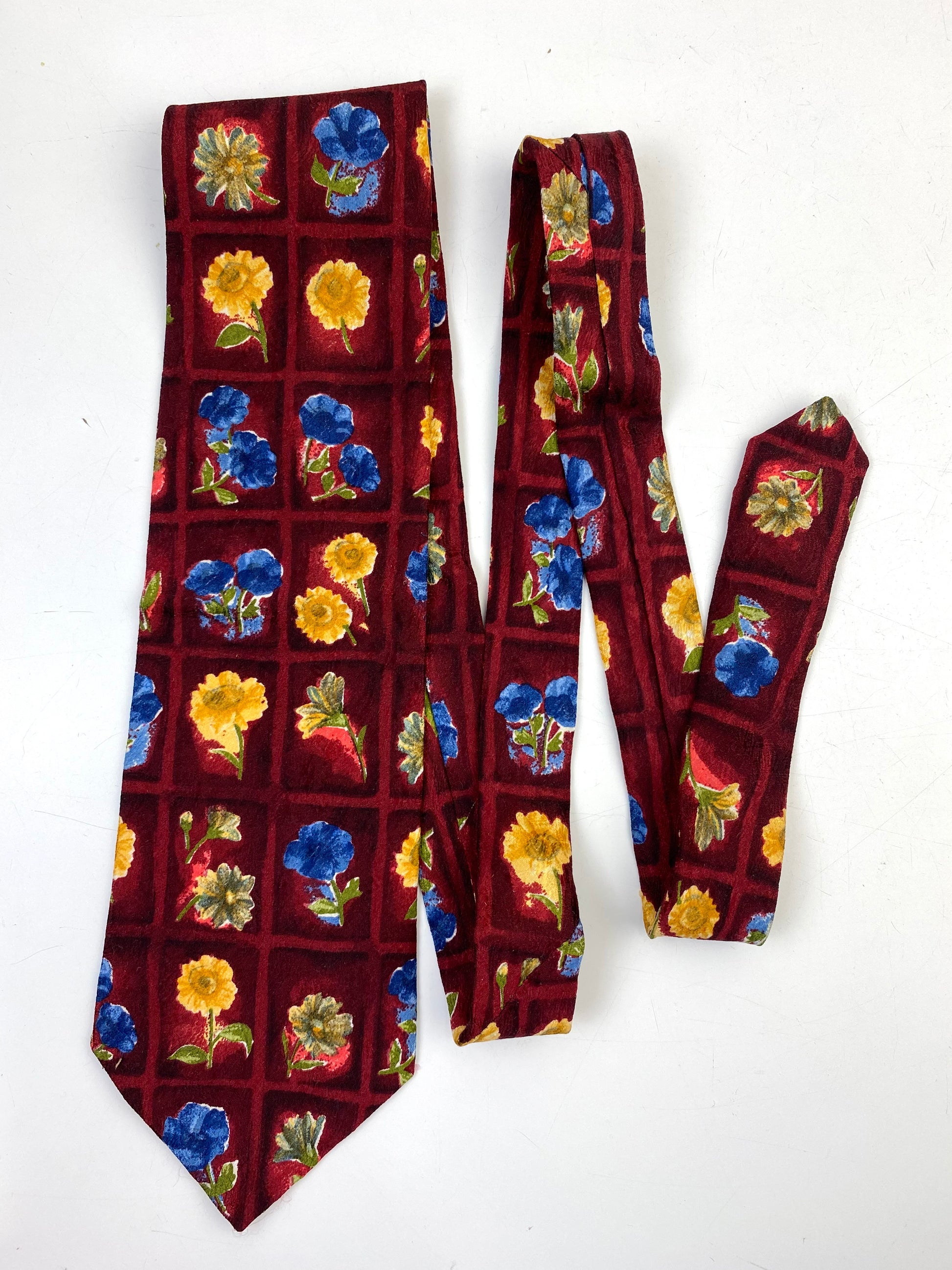 90s Deadstock Silk Necktie, Men's Vintage Wine/ Blue/ Yellow Floral Pattern Tie, NOS