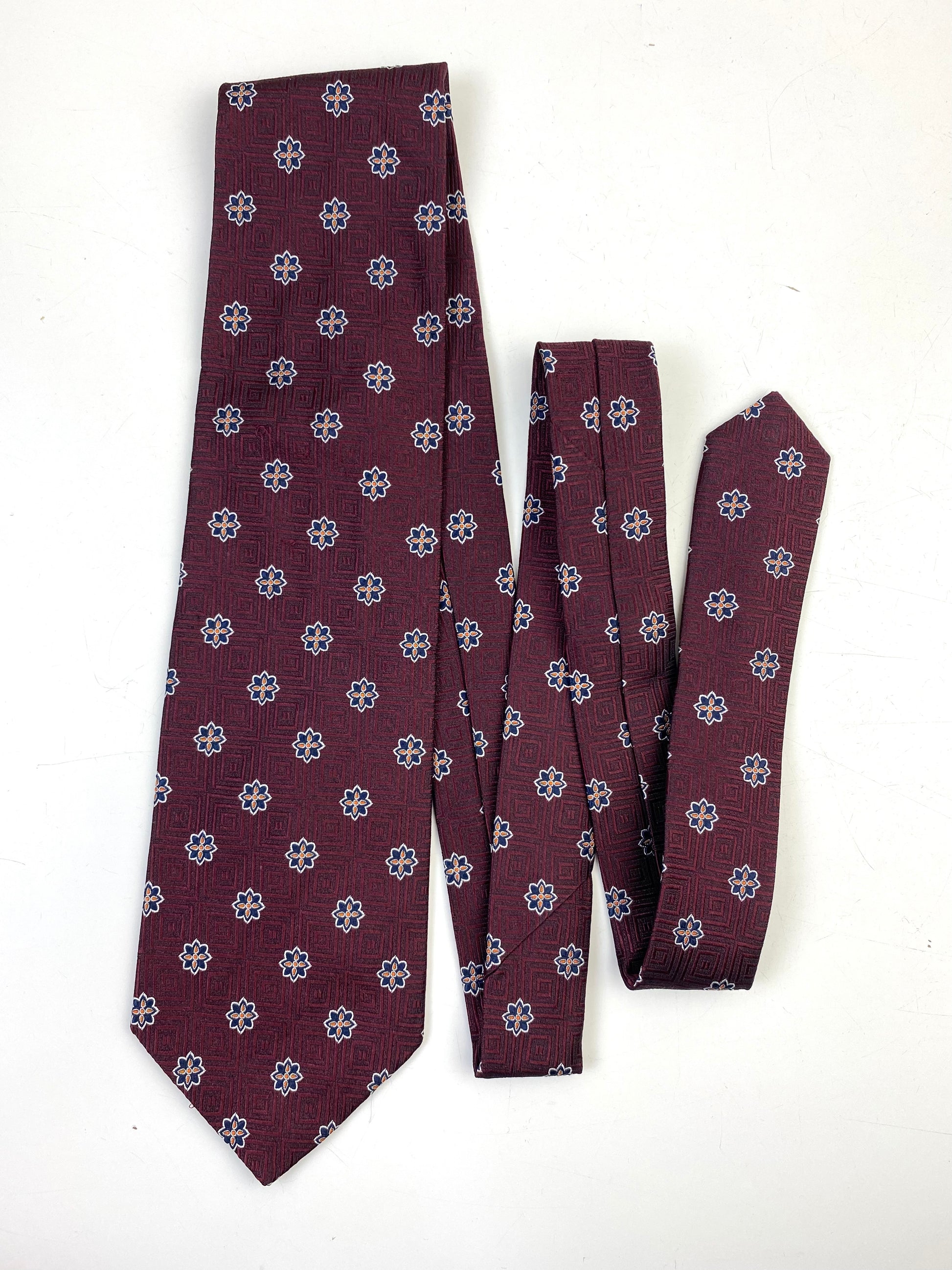 90s Deadstock Silk Necktie, Men's Vintage Wine/ Blue Moroccan Pattern Tie, NOS