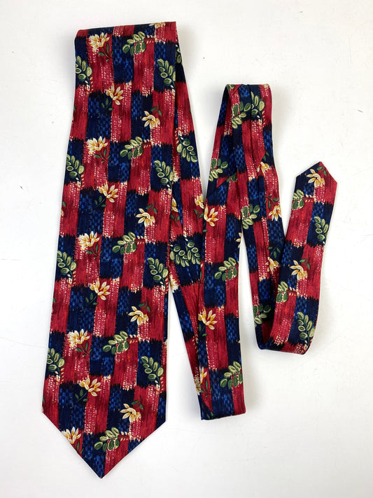 90s Deadstock Silk Necktie, Men's Vintage Wine/ Blue Botanical Pattern Tie, NOS