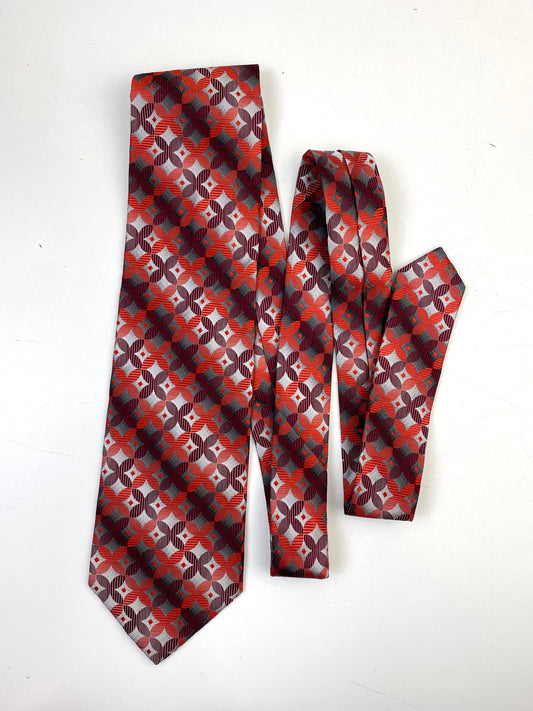 90s Deadstock Silk Necktie, Men's Vintage Wine/ Red/ Grey Geometric Pattern Tie, NOS