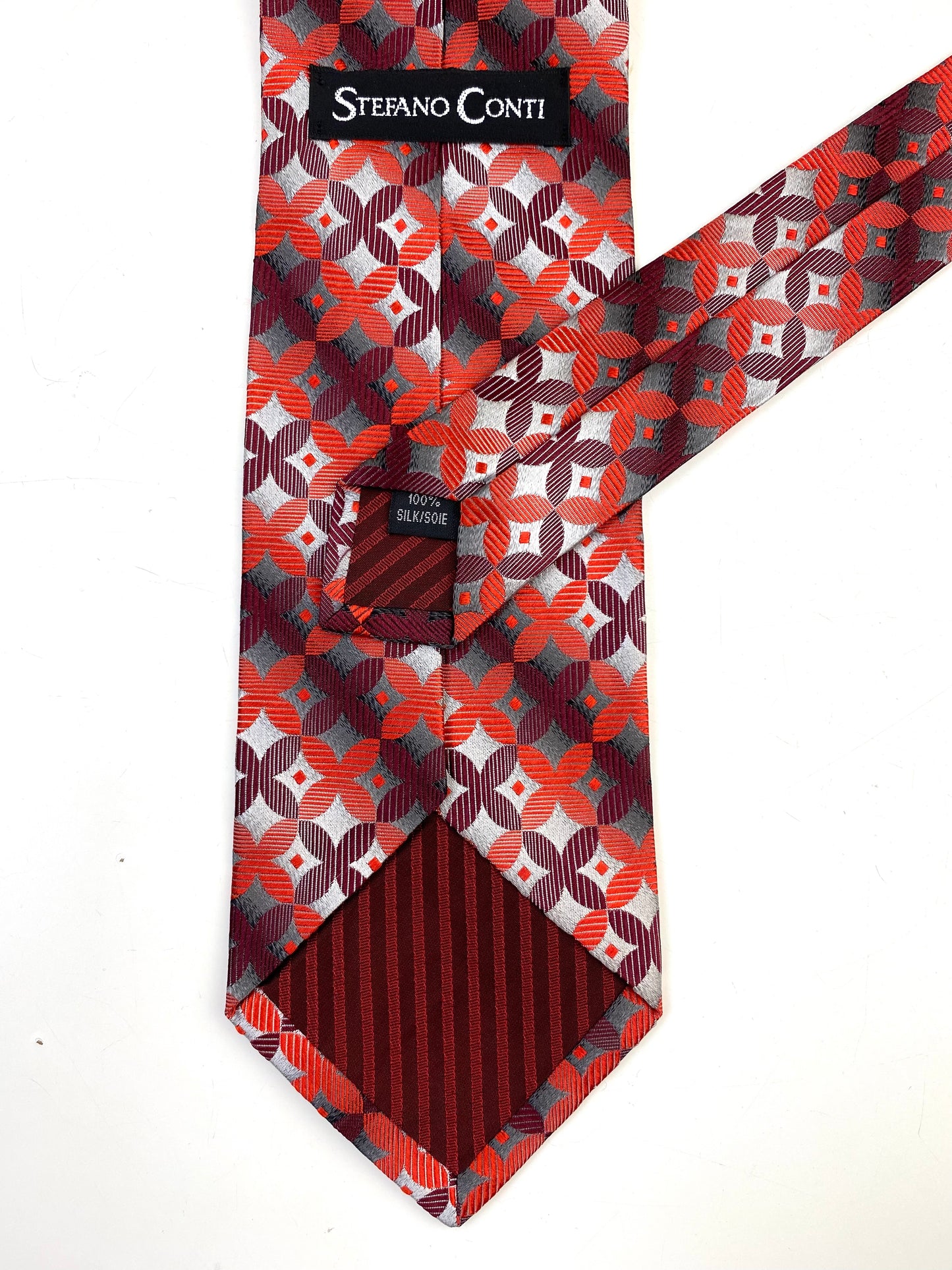 90s Deadstock Silk Necktie, Men's Vintage Wine/ Red/ Grey Geometric Pattern Tie, NOS