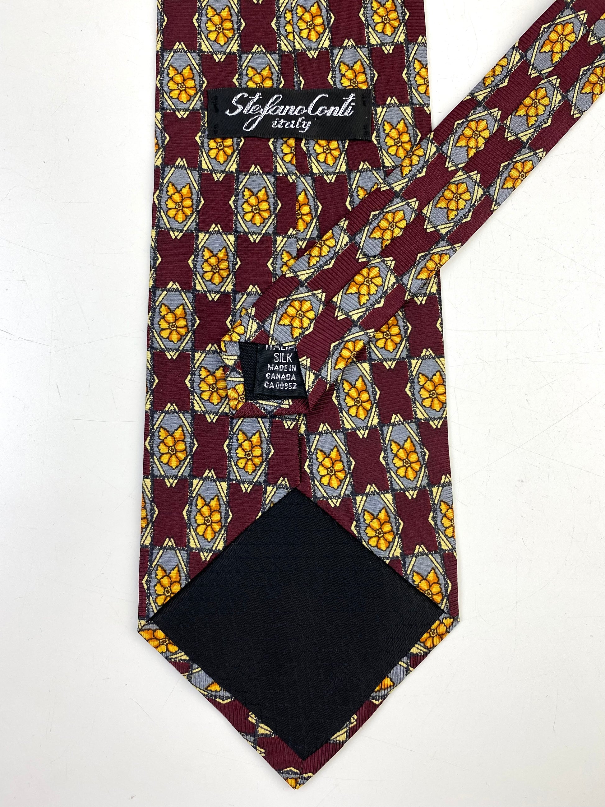90s Deadstock Silk Necktie, Men's Vintage Wine/ Yellow Diamond Floral Pattern Tie, NOS