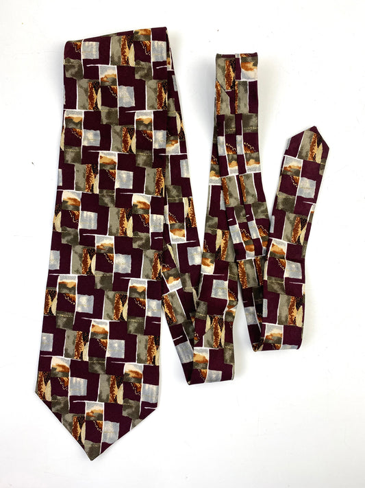 90s Deadstock Silk Necktie, Men's Vintage Wine/ Green Abstract Pattern Tie, NOS