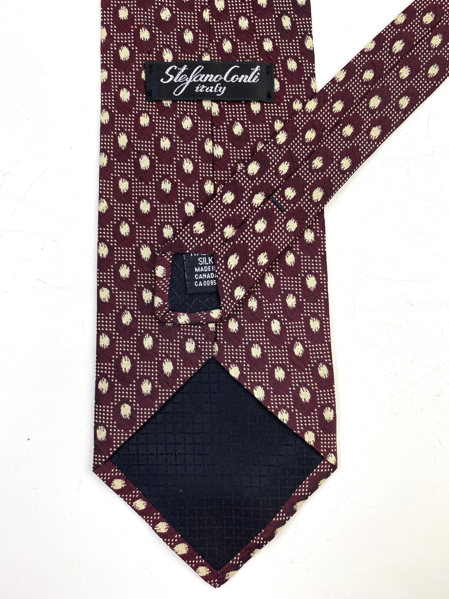 90s Deadstock Silk Necktie, Men's Vintage Wine/ Cream Dot Pattern Tie, NOS