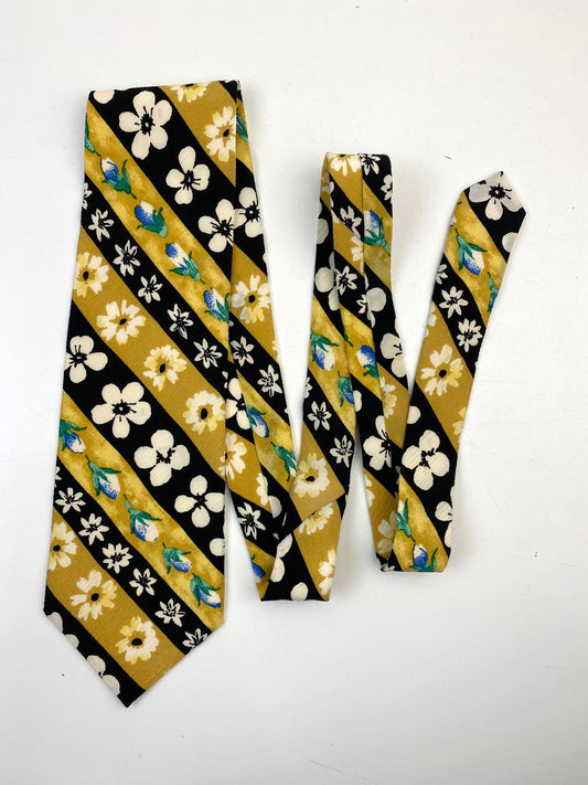 Front of: 90s Deadstock Silk Necktie, Men's Vintage Gold/Black Diagonal Stripe Floral Pattern Tie, NOS