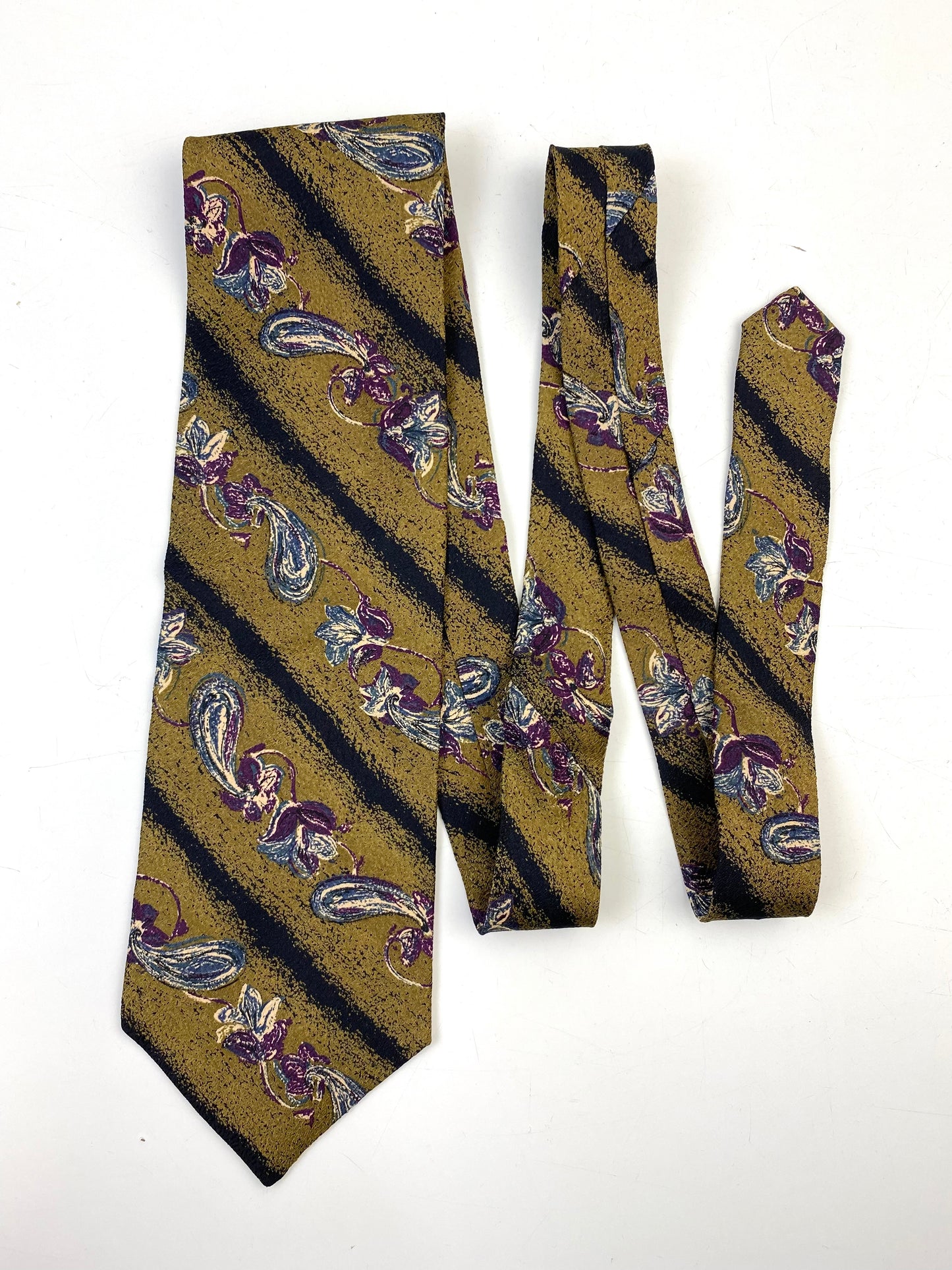 Front of: 90s Deadstock Silk Necktie, Men's Vintage Gold/Purple Diagonal Stripe Floral Paisley Pattern Tie, NOS