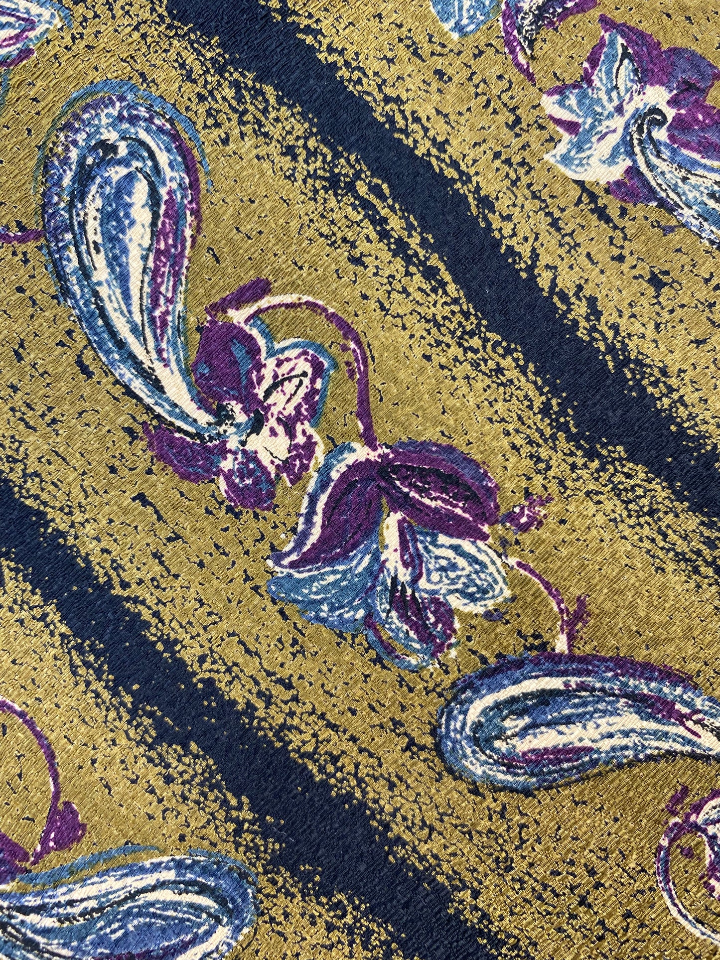 Close-up of: 90s Deadstock Silk Necktie, Men's Vintage Gold/Purple Diagonal Stripe Floral Paisley Pattern Tie, NOS