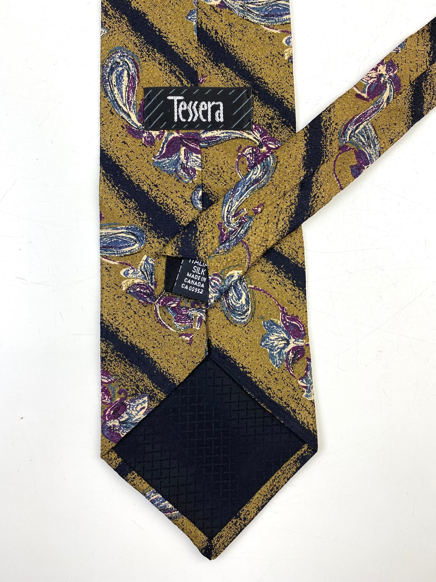 Back and labels of: 90s Deadstock Silk Necktie, Men's Vintage Gold/Purple Diagonal Stripe Floral Paisley Pattern Tie, NOS
