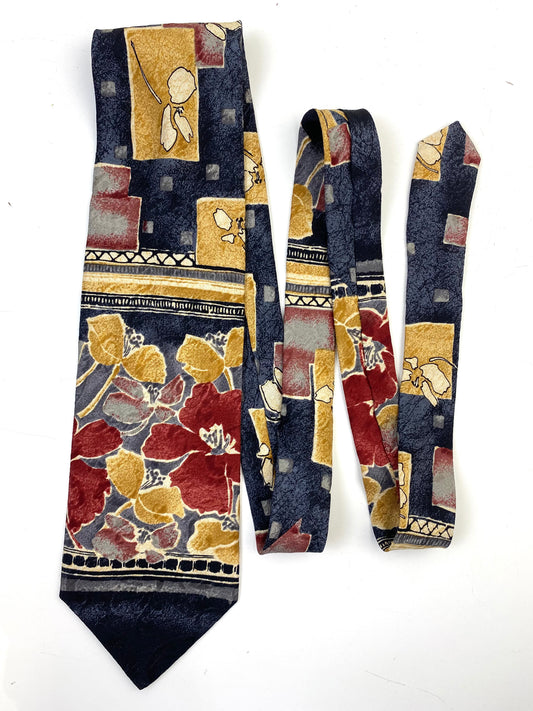 Front of: 90s Deadstock Silk Necktie, Men's Vintage Gold/Blue/Wine Floral Pattern Tie, NOS