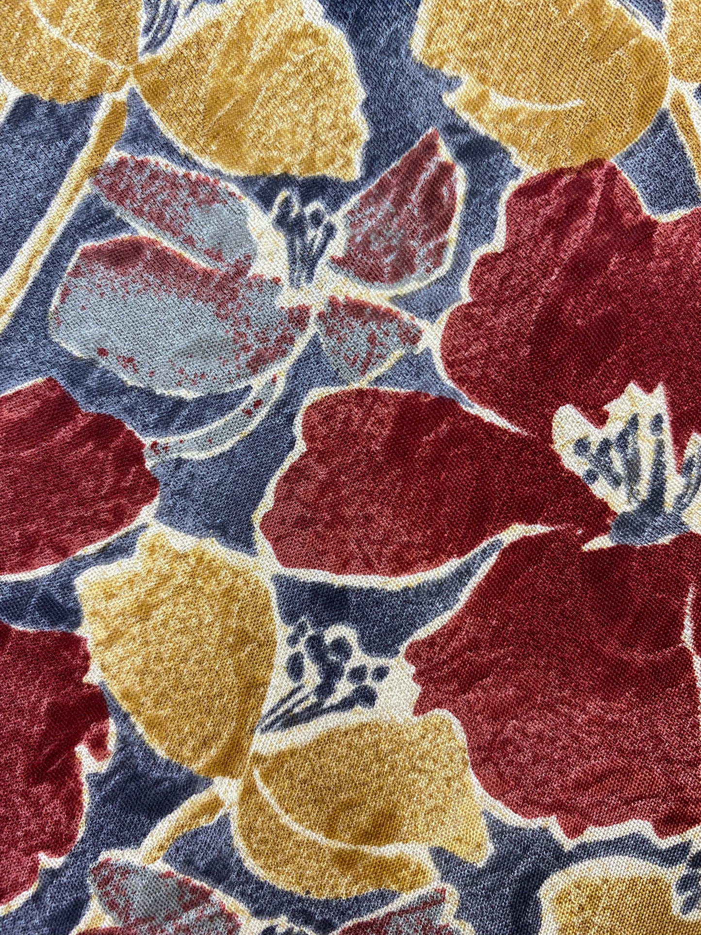 Close-up of: 90s Deadstock Silk Necktie, Men's Vintage Gold/Blue/Wine Floral Pattern Tie, NOS