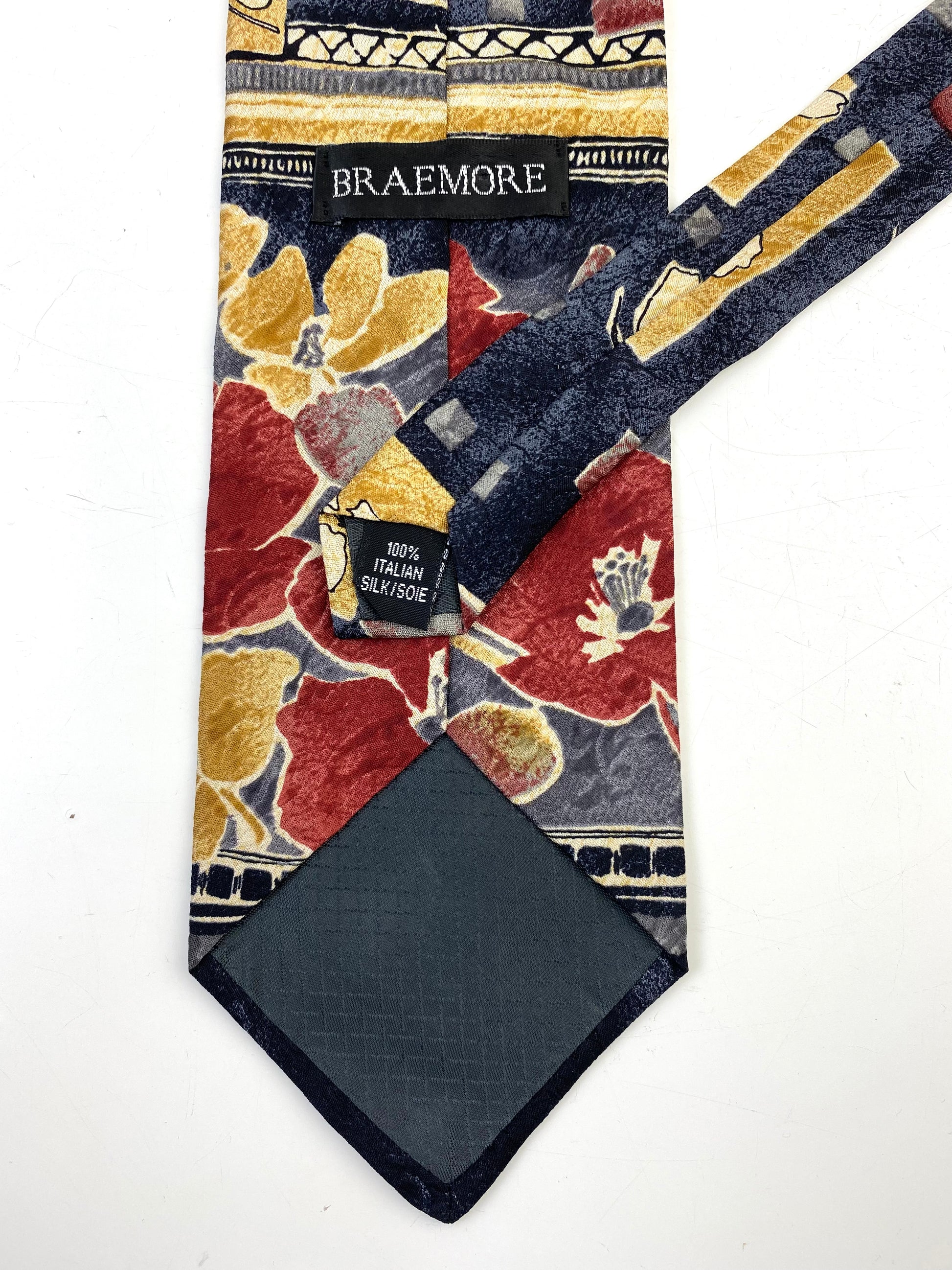 Back and labels of: 90s Deadstock Silk Necktie, Men's Vintage Gold/Blue/Wine Floral Pattern Tie, NOS