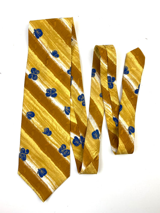Front of: 90s Deadstock Silk Necktie, Men's Vintage Gold Stripe Blue Butterfly Pattern Tie, NOS