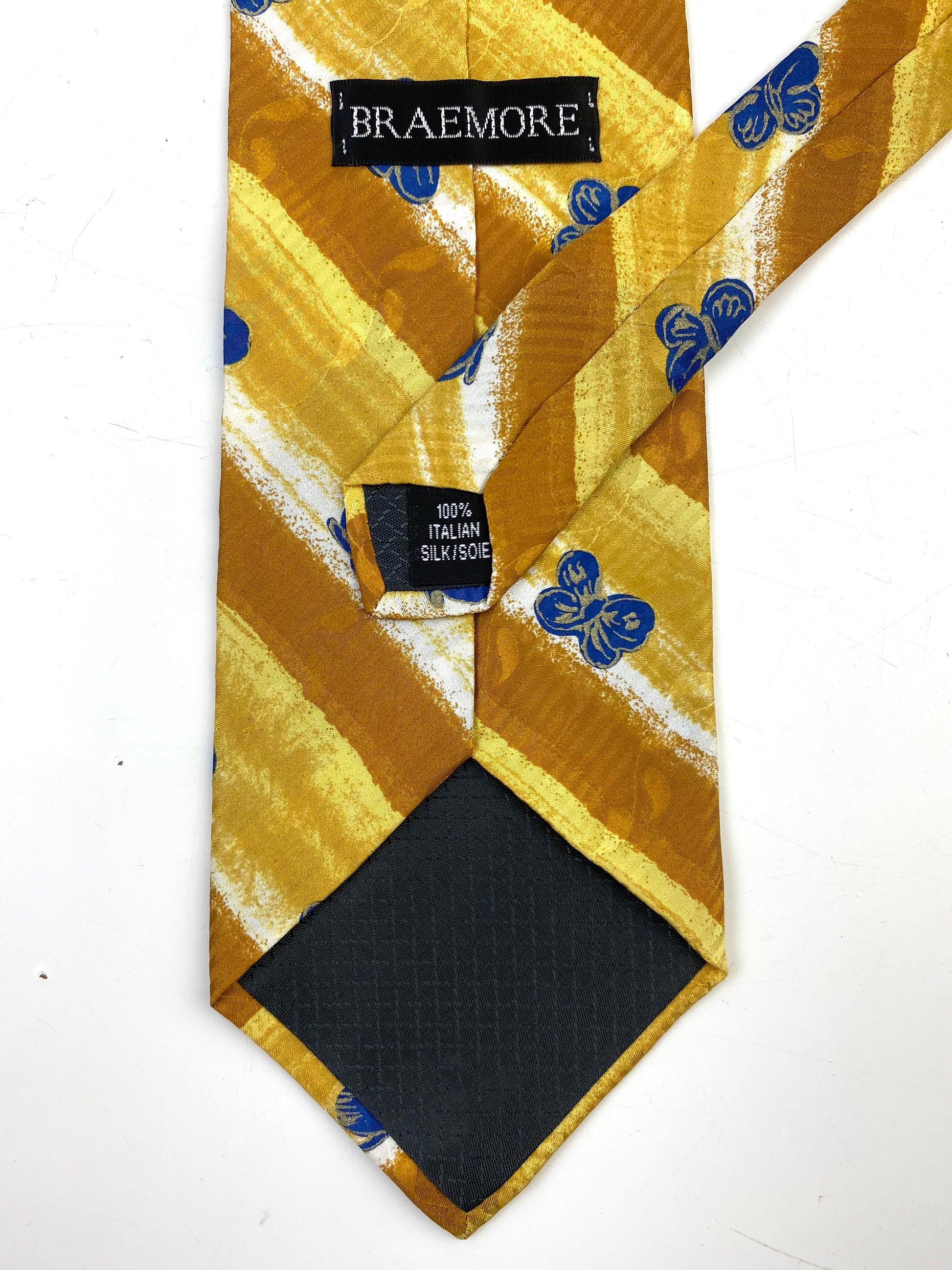 Back and details of: 90s Deadstock Silk Necktie, Men's Vintage Gold Stripe Blue Butterfly Pattern Tie, NOS