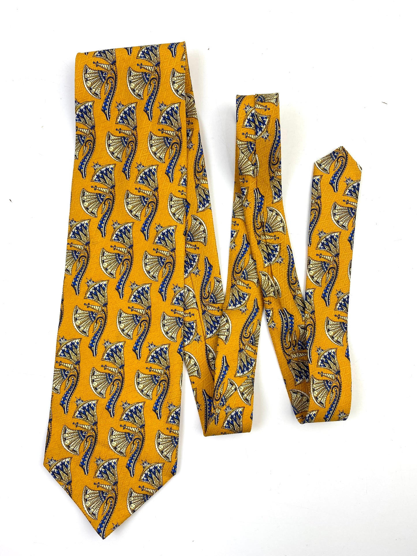 Front of: 90s Deadstock Silk Necktie, Men's Vintage Gold Blue Oriental Pattern Tie, NOS
