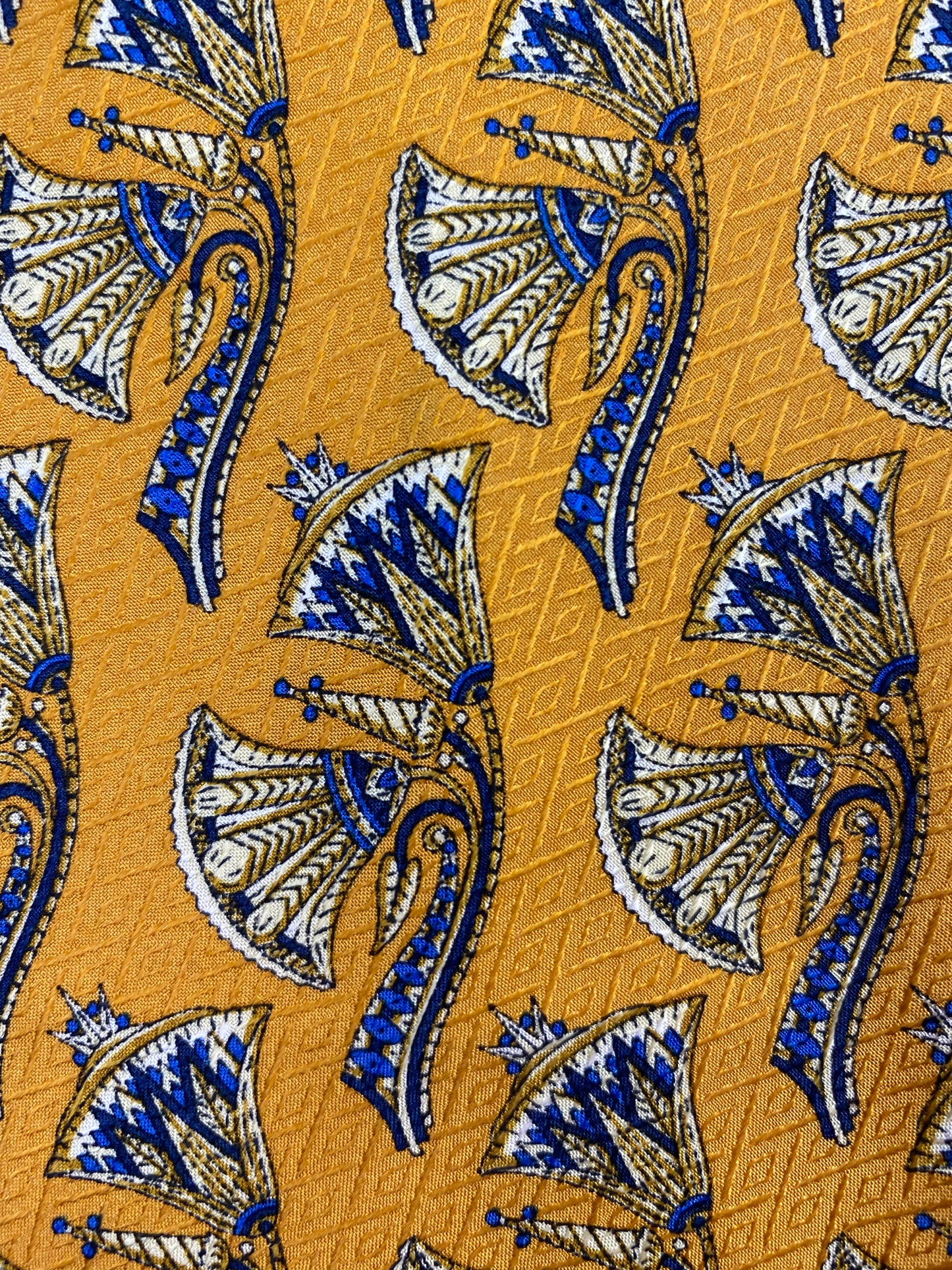 Close-up of: 90s Deadstock Silk Necktie, Men's Vintage Gold Blue Oriental Pattern Tie, NOS