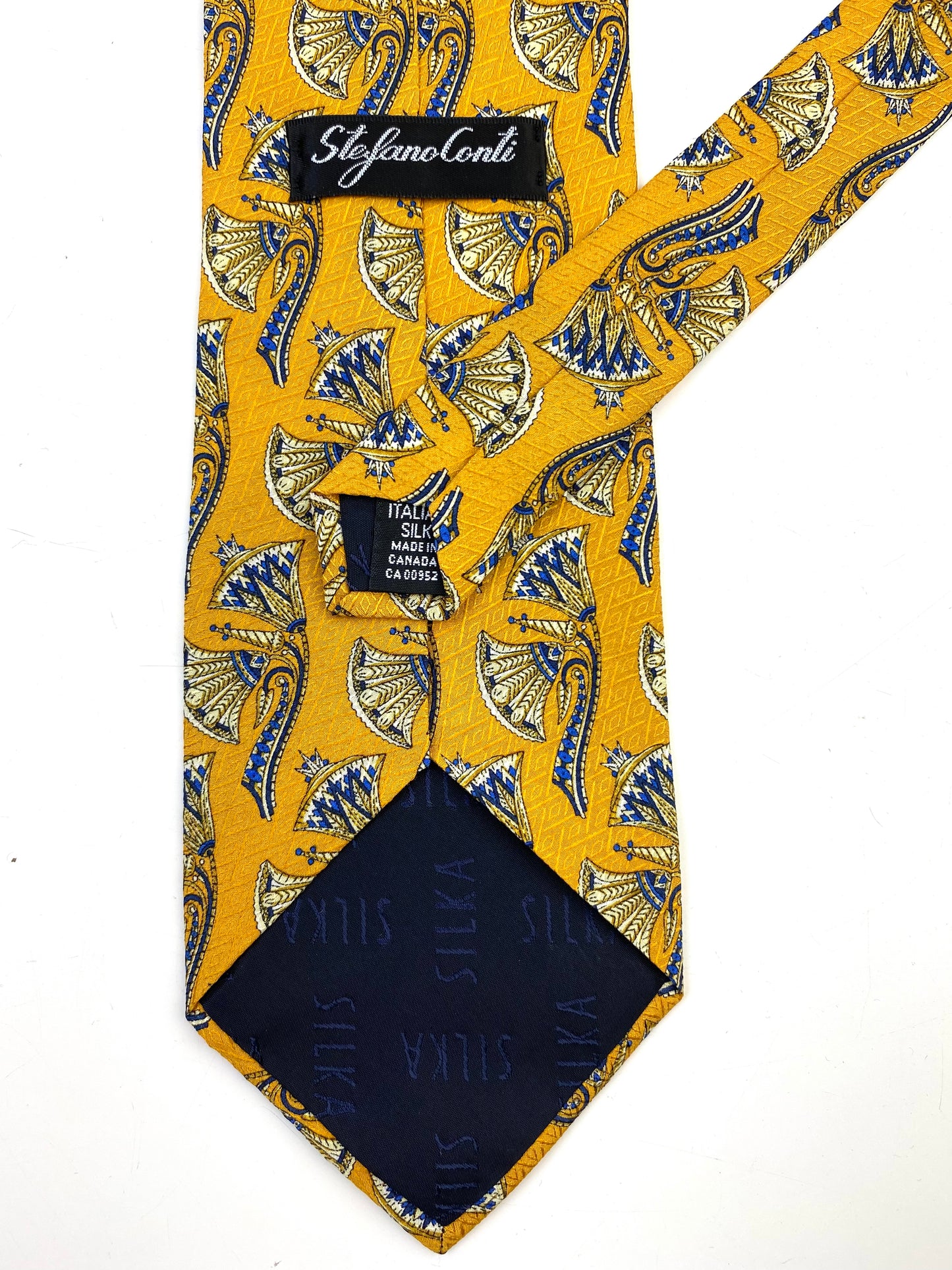 Back and labels of: 90s Deadstock Silk Necktie, Men's Vintage Gold Blue Oriental Pattern Tie, NOS