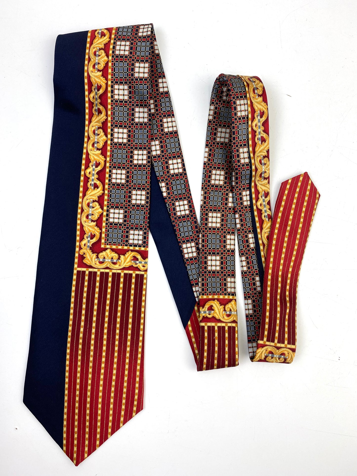 Front of: 90s Deadstock Silk Necktie, Men's Vintage Gold/Navy/Red Stripe Filigree Pattern Tie, NOS