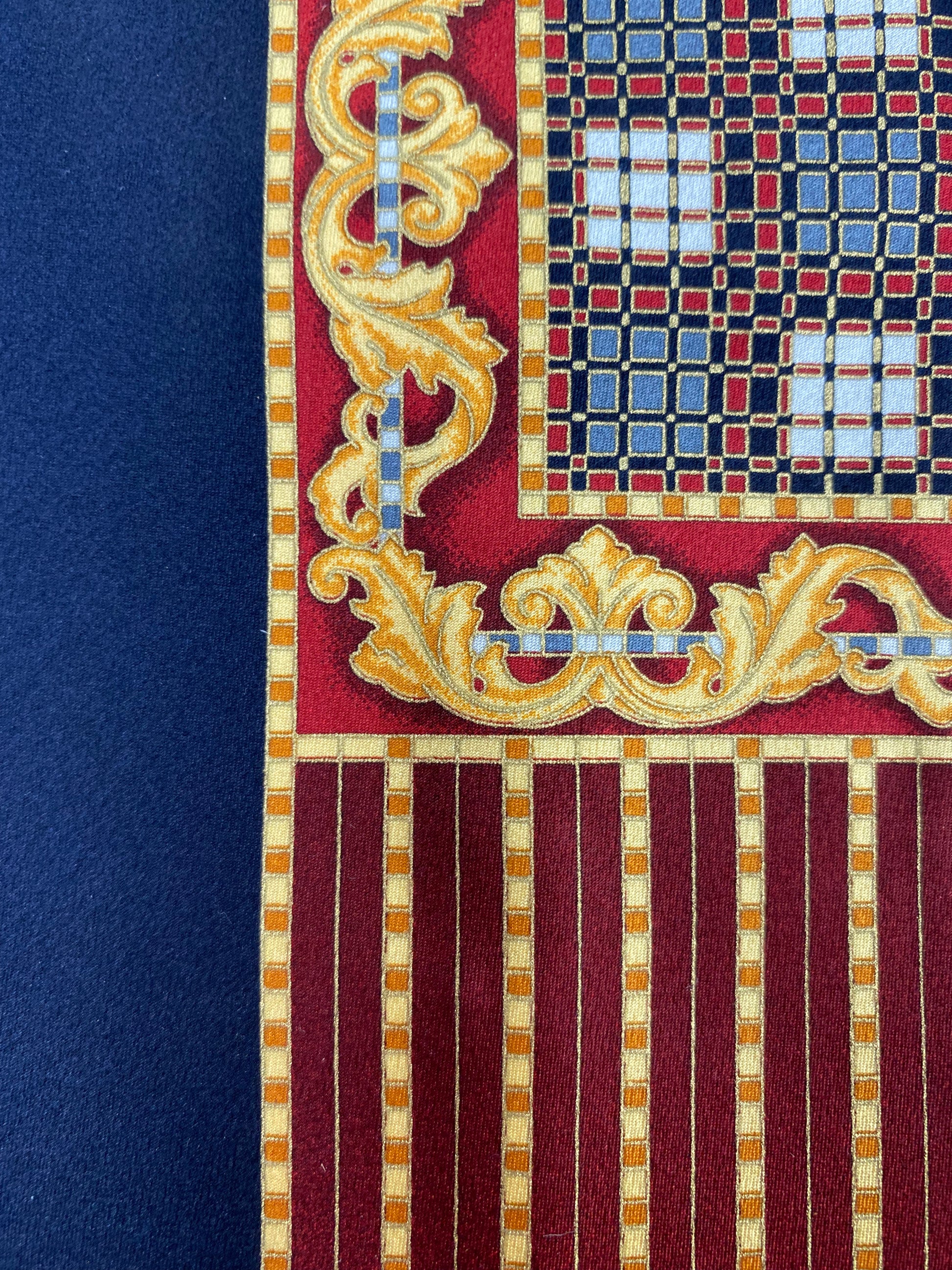 Close-up of: 90s Deadstock Silk Necktie, Men's Vintage Gold/Navy/Red Stripe Filigree Pattern Tie, NOS