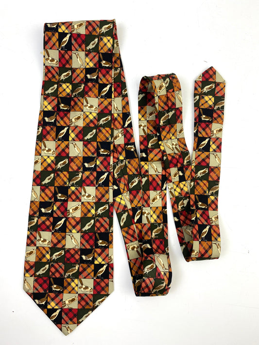 Front of: 90s Deadstock Silk Necktie, Men's Vintage Gold/Red/Green Novelty Plaid Bird Pattern Tie, NOS