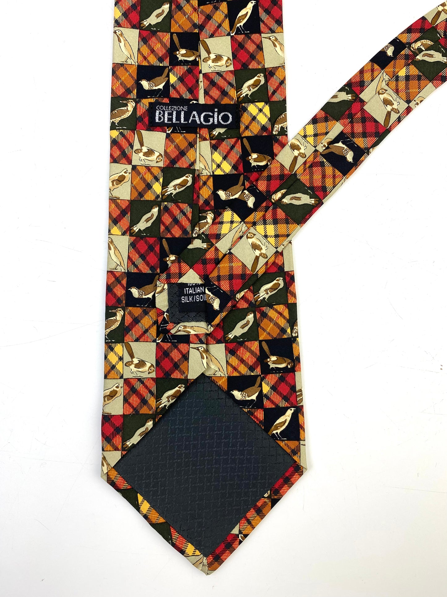 Back and labels of: 90s Deadstock Silk Necktie, Men's Vintage Gold/Red/Green Novelty Plaid Bird Pattern Tie, NOS