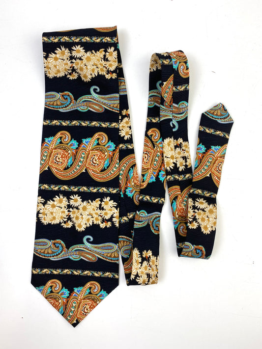 Front of: 90s Deadstock Silk Necktie, Men's Vintage Gold/Black Paisley Floral Pattern Tie, NOS