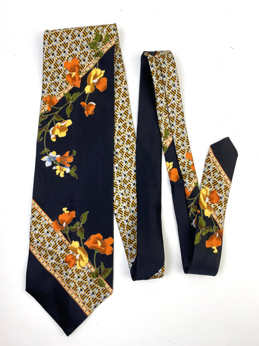 Front of: 90s Deadstock Silk Necktie, Men's Vintage Gold/ Orange/ Black Oriental Floral Pattern Tie, NOS