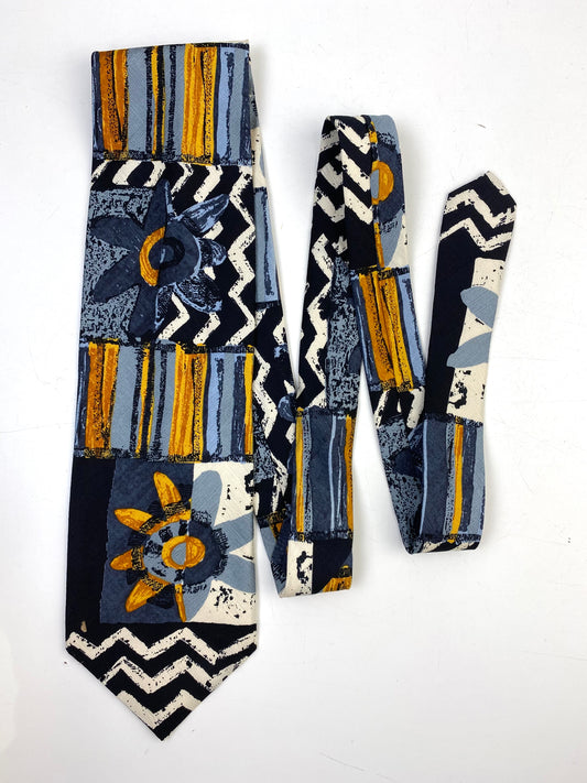 Front of: 90s Deadstock Silk Necktie, Men's Vintage Gold/ Blue/ Black/ White Chevron Floral Pattern Tie, NOS