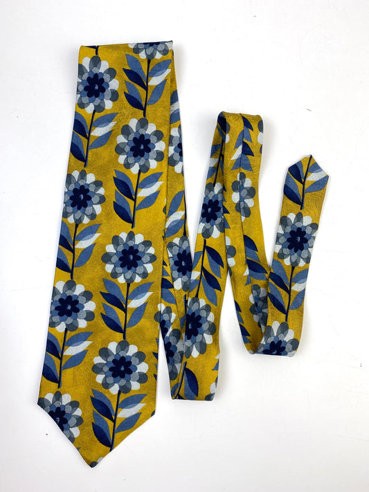 Front of: 90s Deadstock Silk Necktie, Men's Vintage Gold/ Blue/ Grey Floral Pattern Tie, NOS