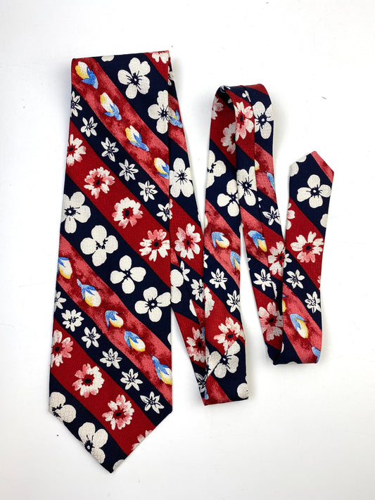 90s Deadstock Silk Necktie, Vintage Red & Navy Diagonal Stripe Floral Pattern Tie, NOS