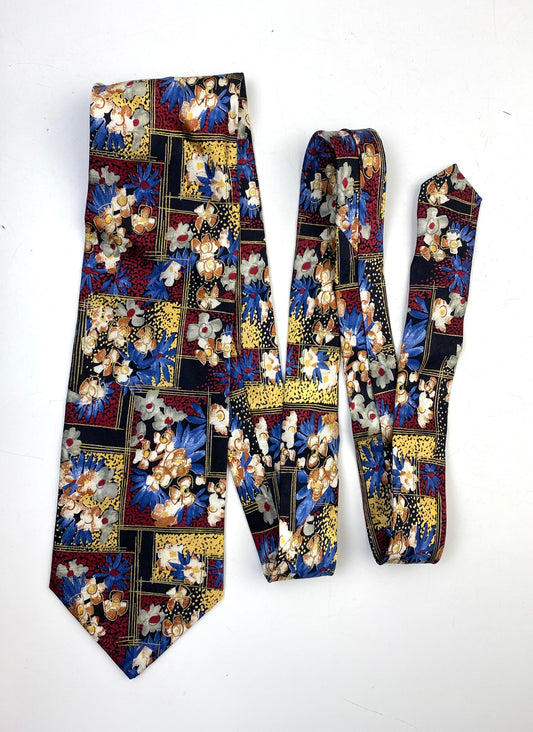 90s Deadstock Silk Necktie, Men's Vintage Wine, Blue & Gold Floral Pattern Tie, NOS