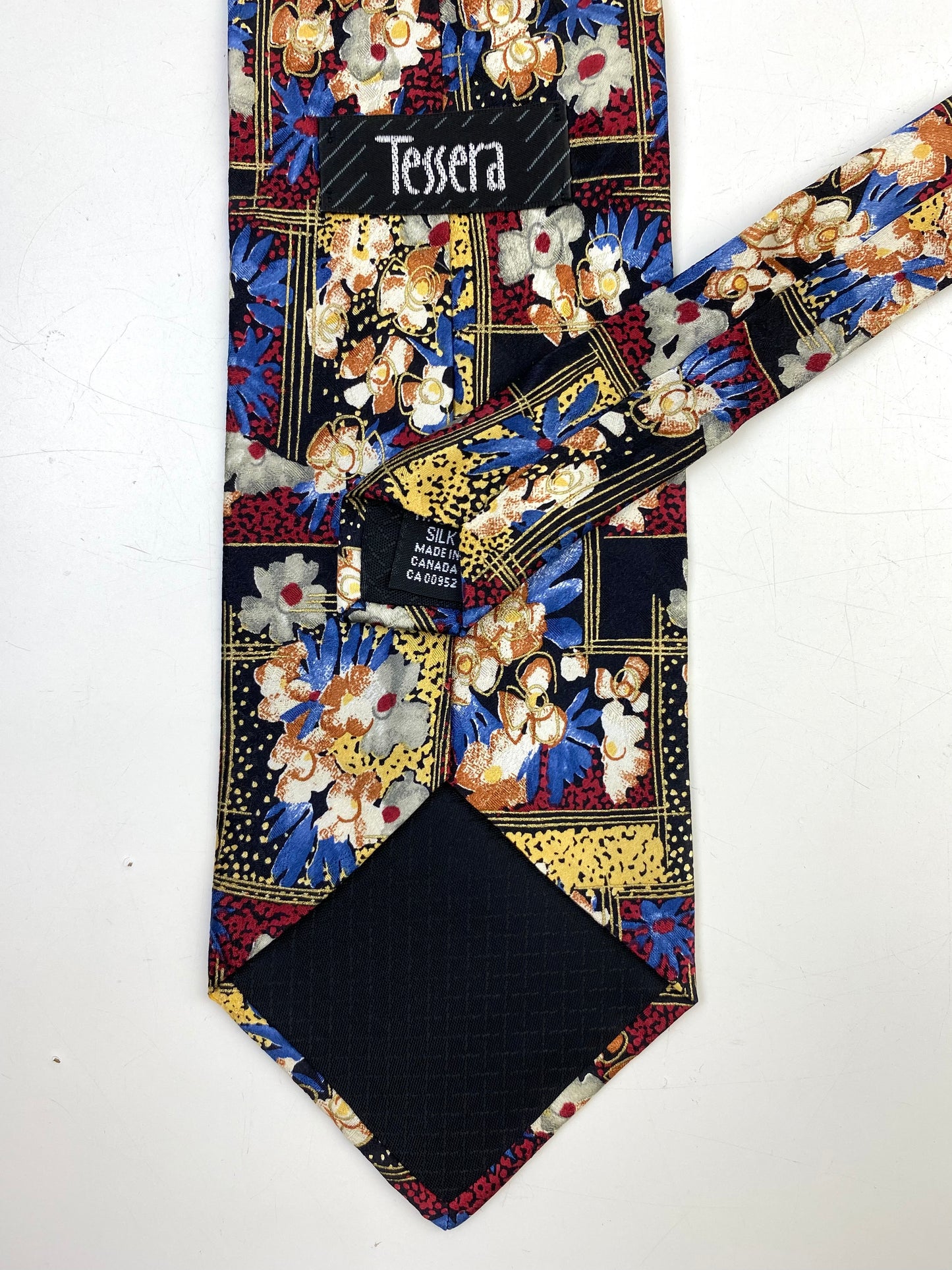 90s Deadstock Silk Necktie, Men's Vintage Wine, Blue & Gold Floral Pattern Tie, NOS
