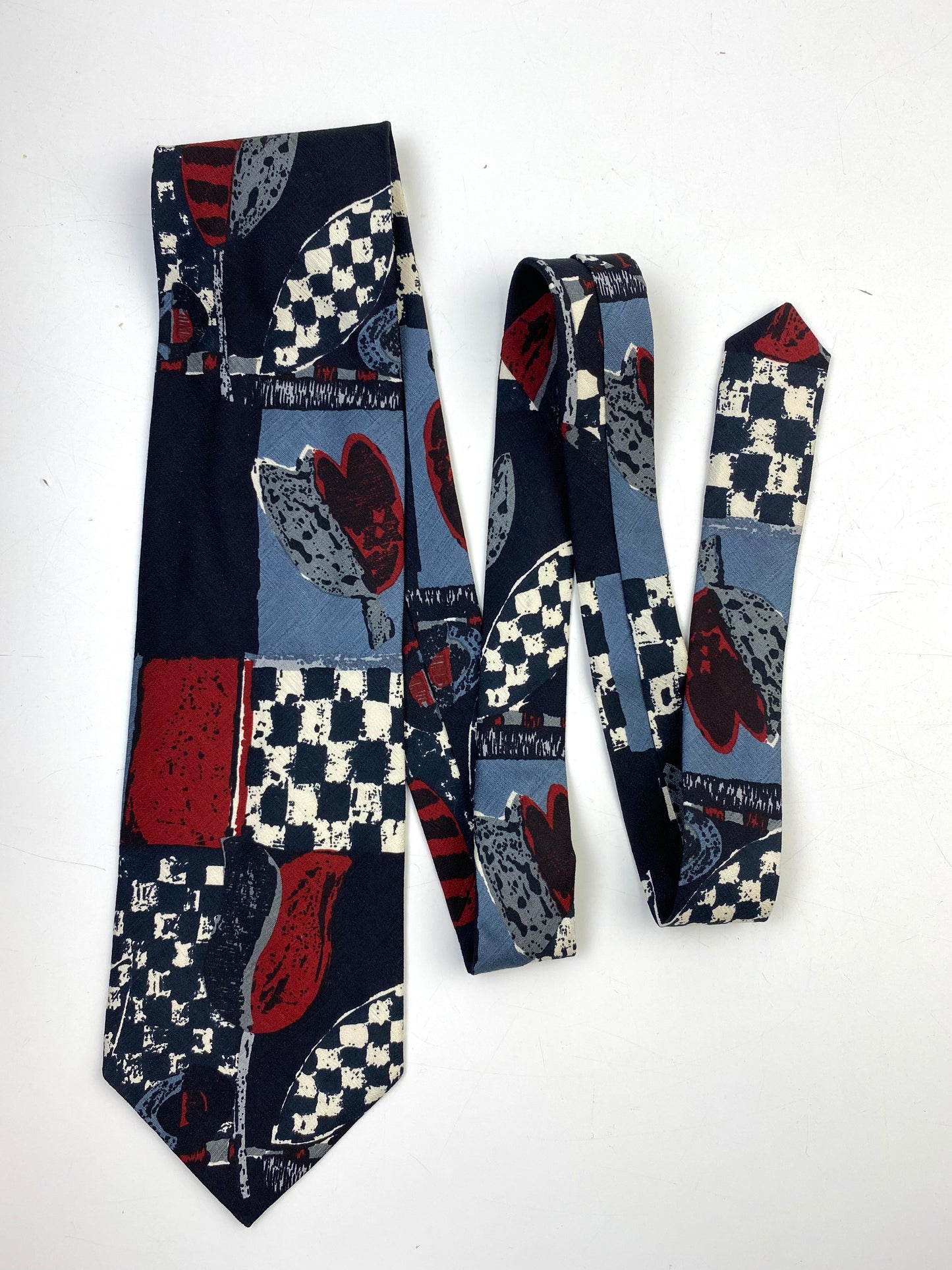 90s Deadstock Silk Necktie, Men's Vintage Wine/ Grey/ White Tulip Check Pattern Tie, NOS