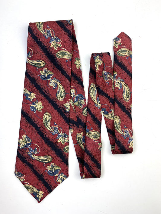 90s Deadstock Silk Necktie, Men's Vintage Wine Diagonal Stripe Paisley Floral Pattern Tie, NOS