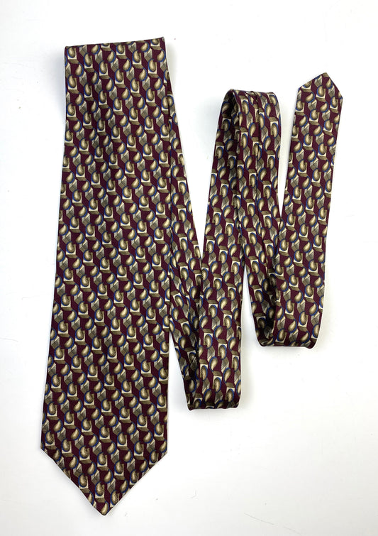 90s Deadstock Silk Necktie, Men's Vintage Wine/ Blue Geometric Pattern Tie, NOS