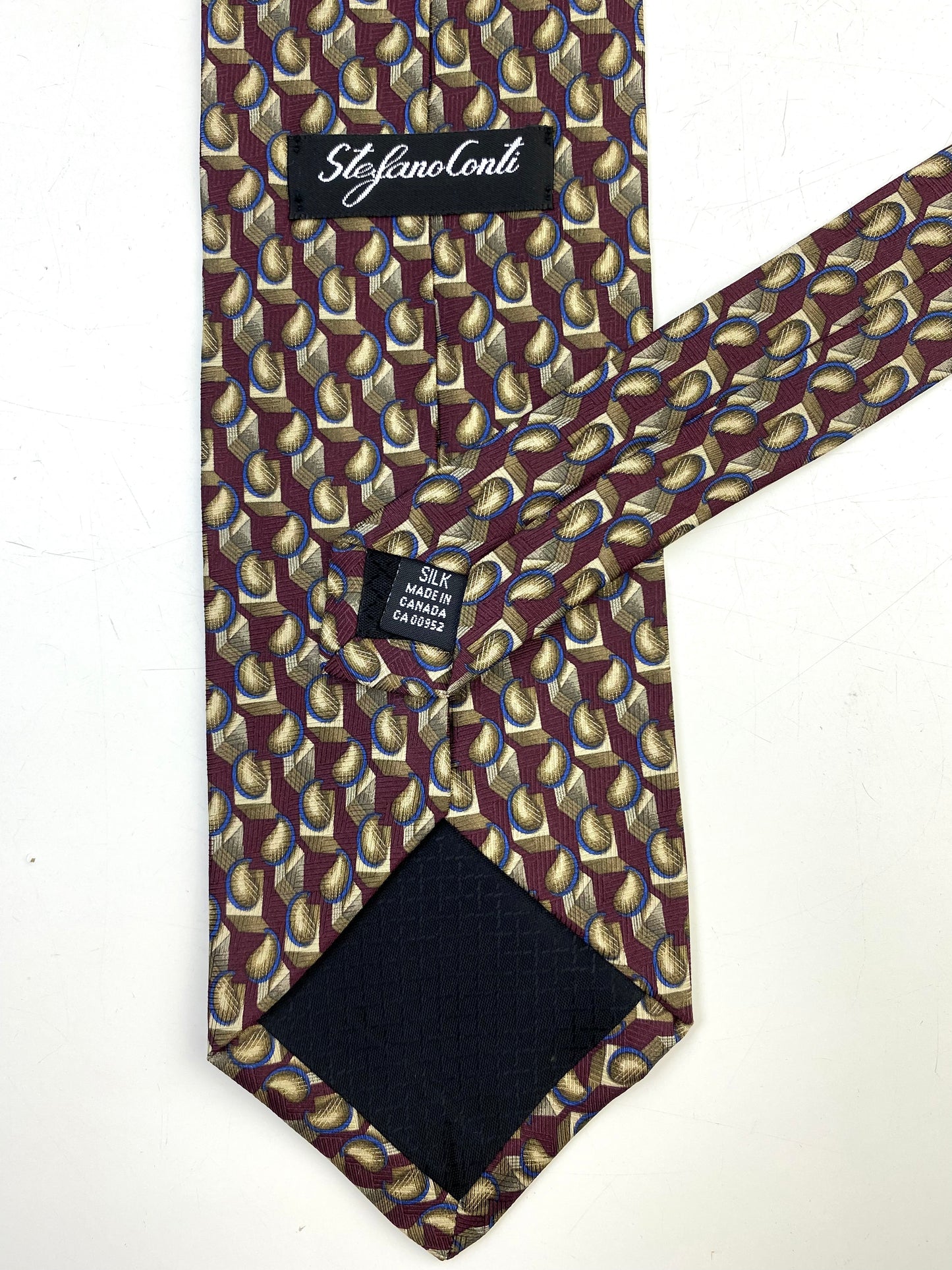 90s Deadstock Silk Necktie, Men's Vintage Wine/ Blue Geometric Pattern Tie, NOS
