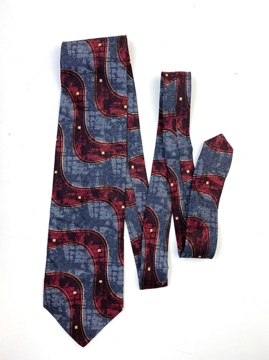90s Deadstock Silk Necktie, Men's Vintage Wine Blue Abstract Wave Pattern Tie, NOS