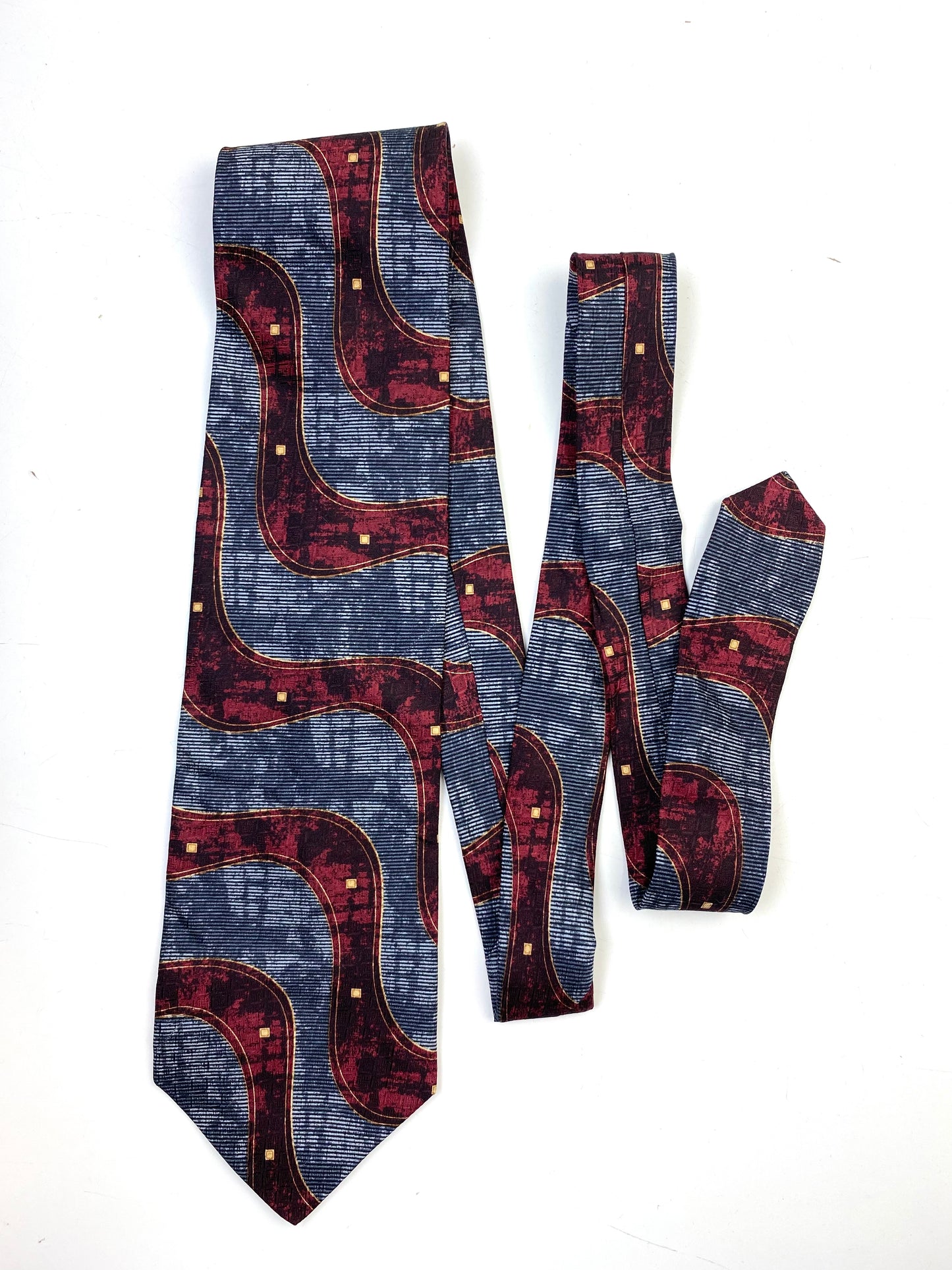 90s Deadstock Silk Necktie, Men's Vintage Wine Blue Abstract Wave Pattern Tie, NOS