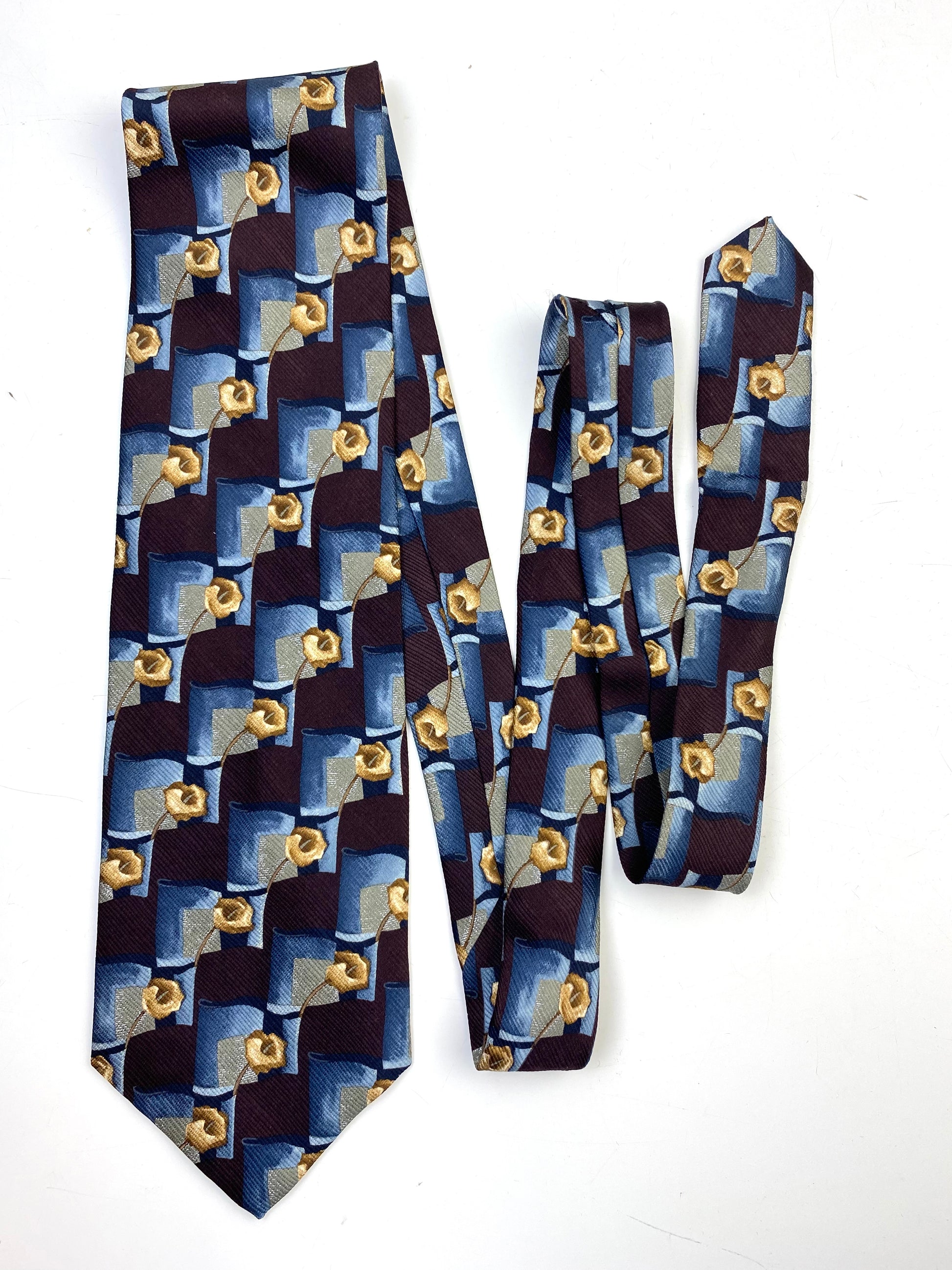 Front of: 90s Deadstock Silk Necktie, Men's Vintage Wine Blue Abstract Floral Pattern Tie, NOS