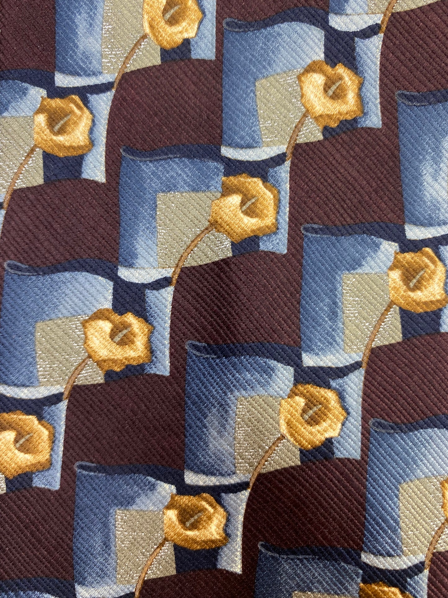 Close-up of: 90s Deadstock Silk Necktie, Men's Vintage Wine Blue Abstract Floral Pattern Tie, NOS