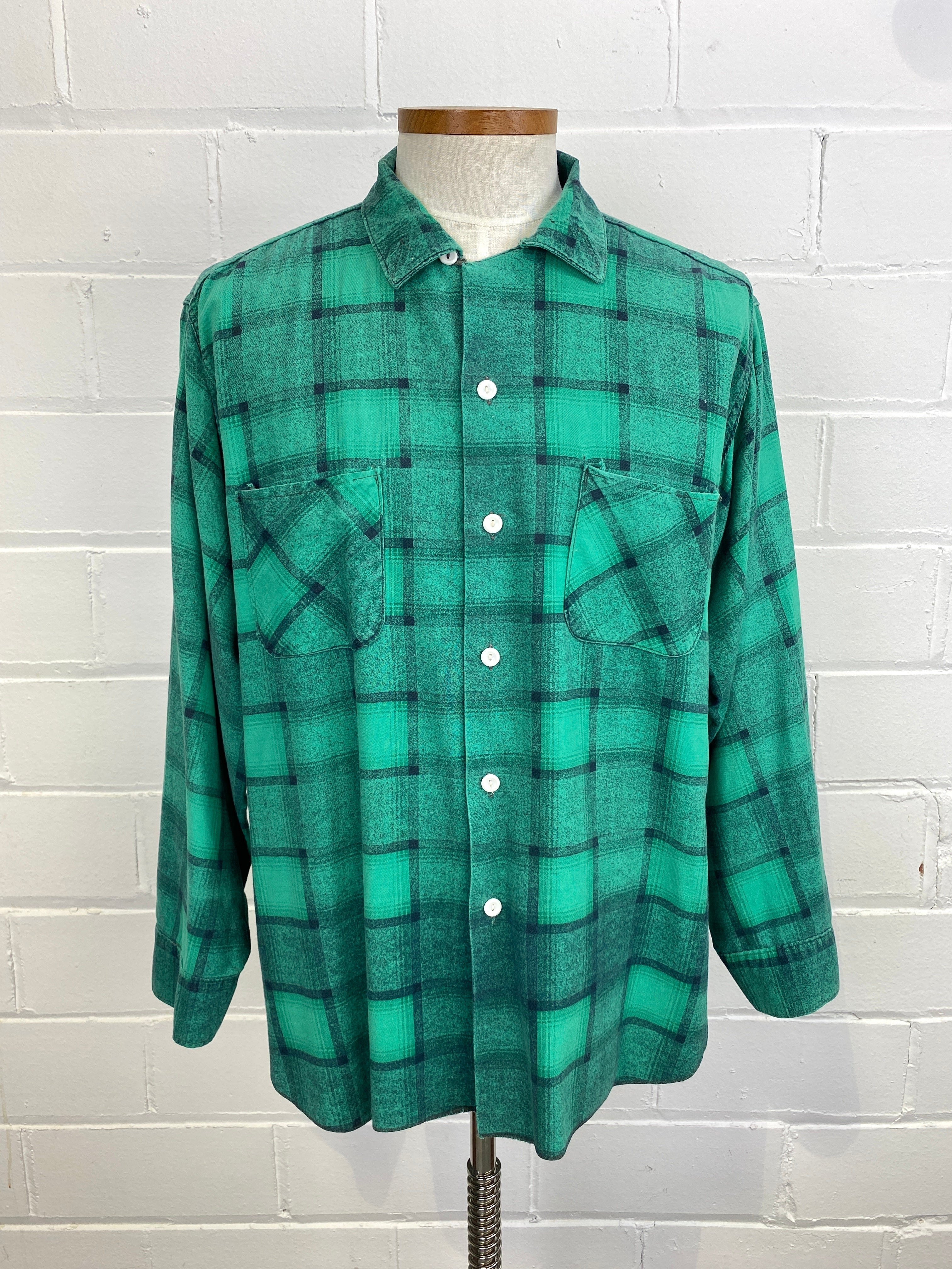 Vintage 1980s Green Plaid Cotton Long Sleeve Shirt, 17.5