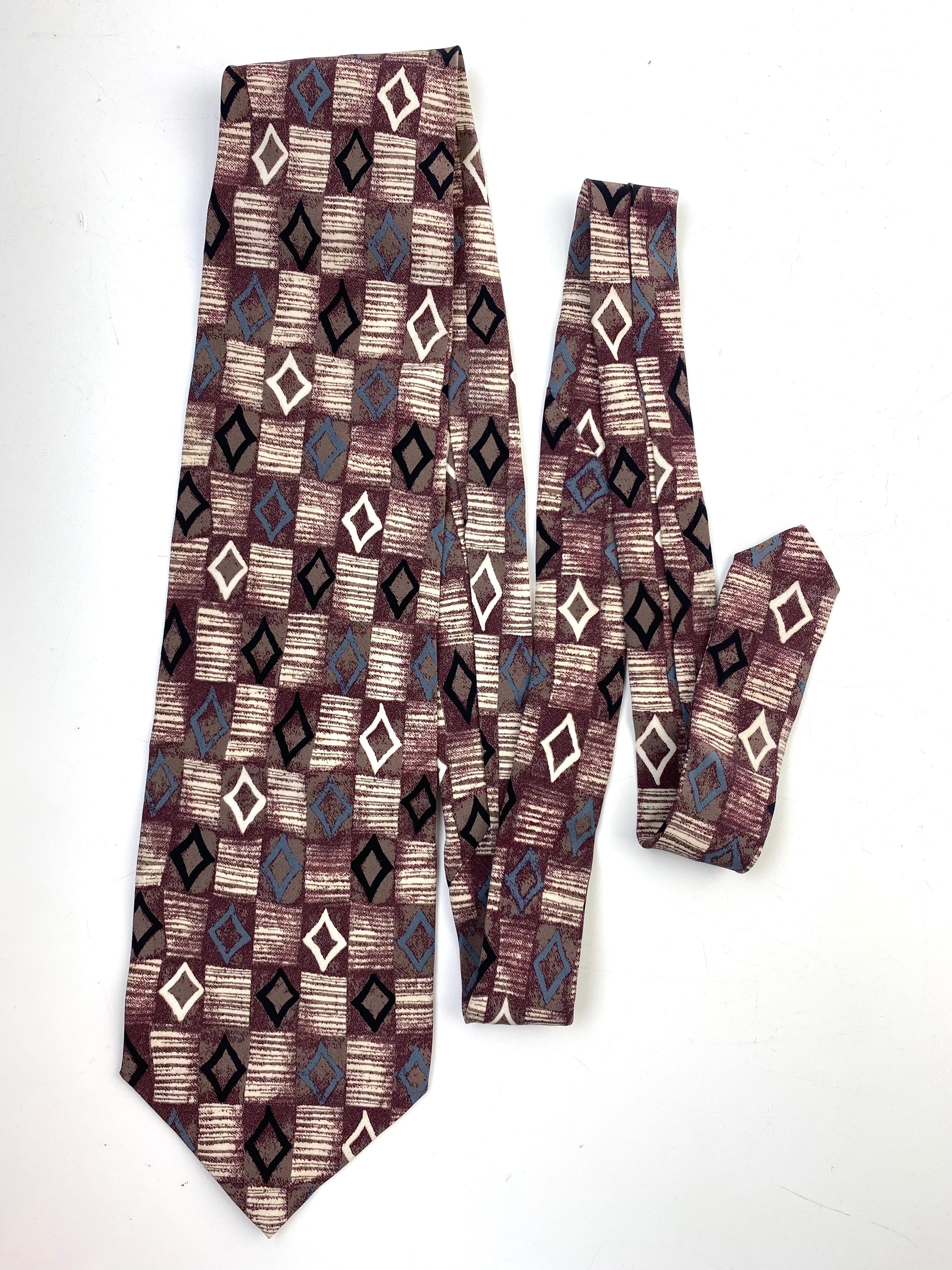 Front of: 90s Deadstock Silk Necktie, Men's Vintage Wine/ Black/ White Geometric Pattern Tie, NOS