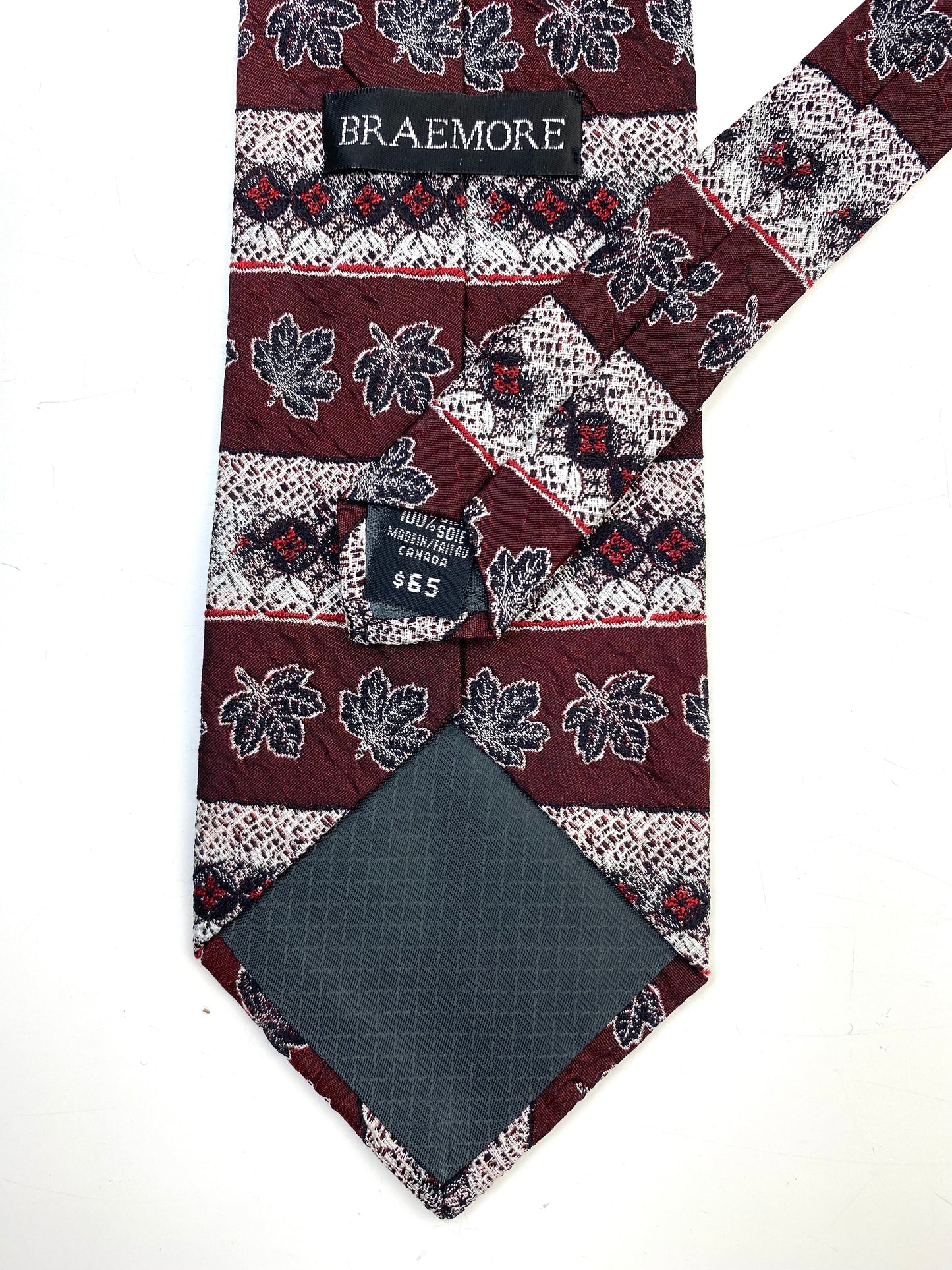 Back and labels of: 90s Deadstock Silk Necktie, Men's Vintage Wine Sycamore Leaf Pattern Tie, NOS