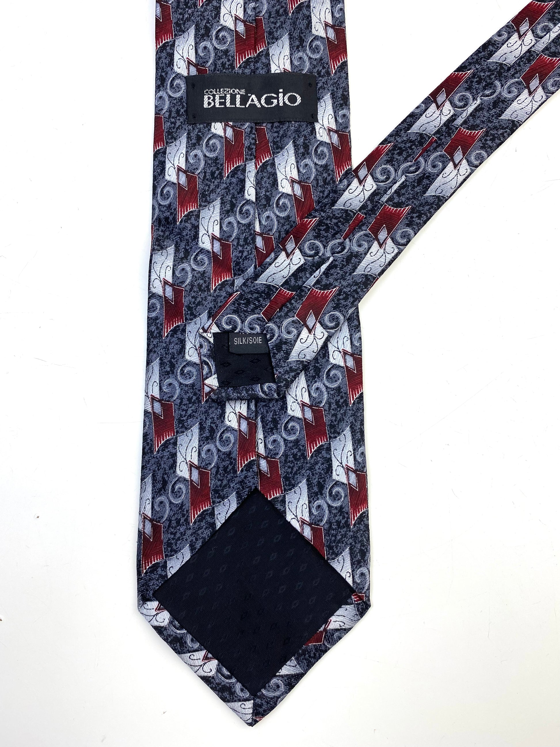 90s Deadstock Silk Necktie, Men's Vintage Grey/ Wine Geometric Pattern Tie, NOS