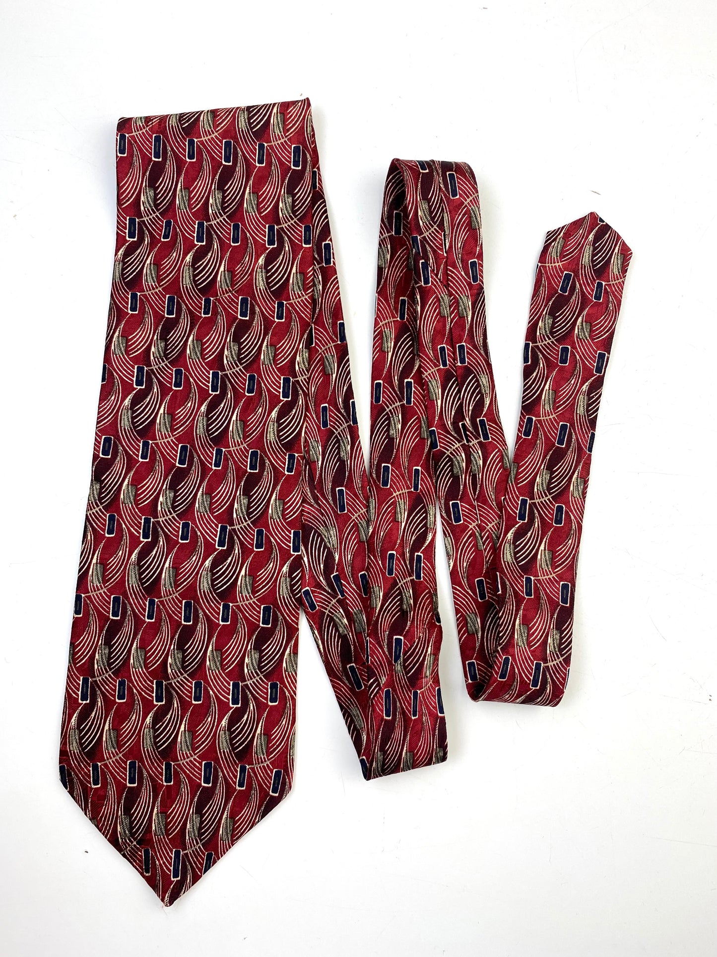 90s Deadstock Silk Necktie, Men's Vintage Red/ Wine Abstract Pattern Tie, NOS