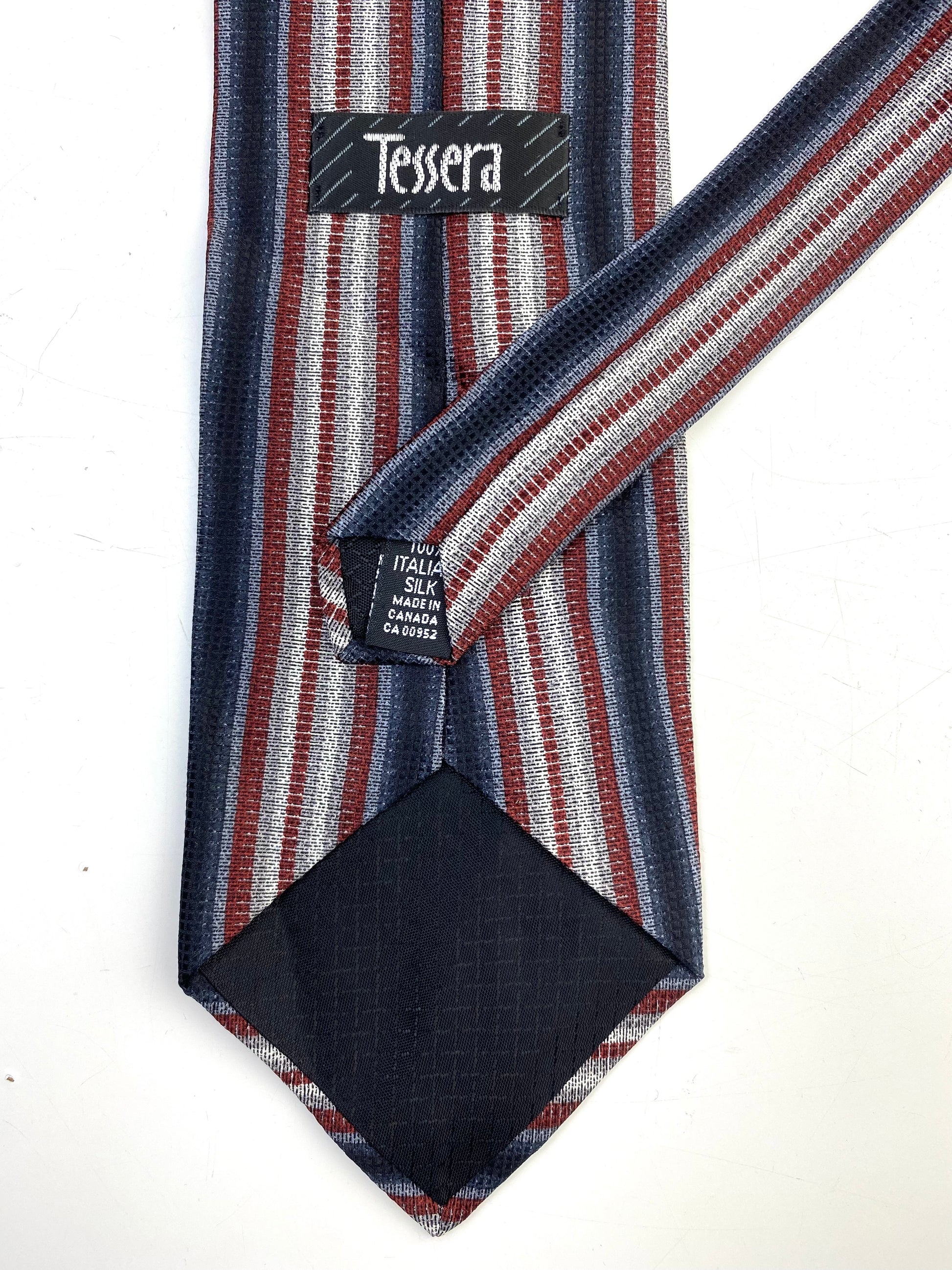 90s Deadstock Silk Necktie, Men's Vintage Wine/ Navy/ Grey Vertical Stripe Tie, NOS