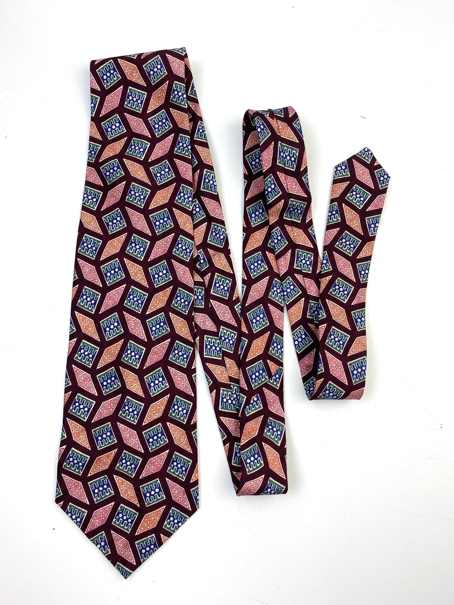 90s Deadstock Silk Necktie, Men's Vintage Wine/ Orange/ Green Geometric Pattern Tie, NOS