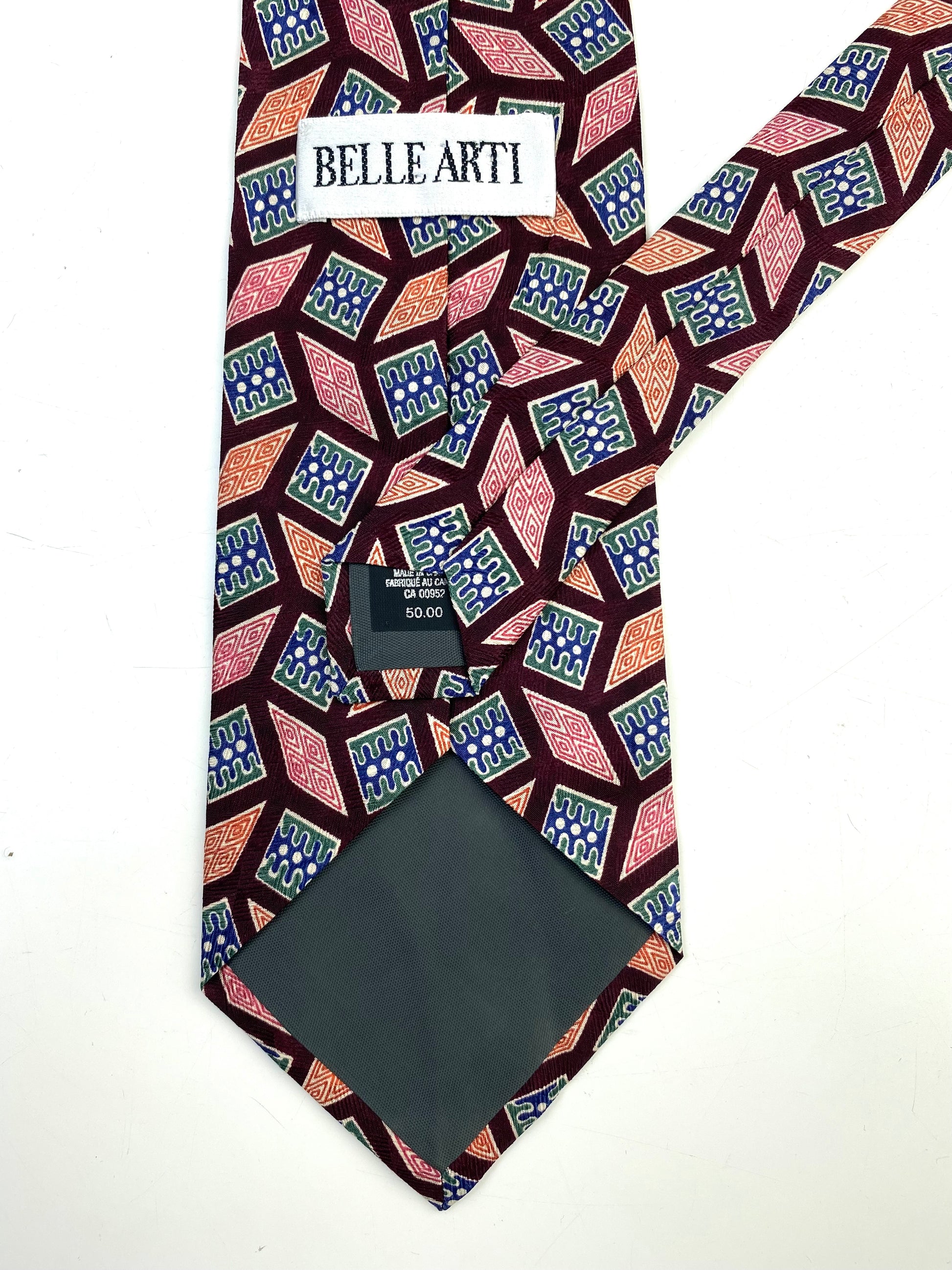 90s Deadstock Silk Necktie, Men's Vintage Wine/ Orange/ Green Geometric Pattern Tie, NOS