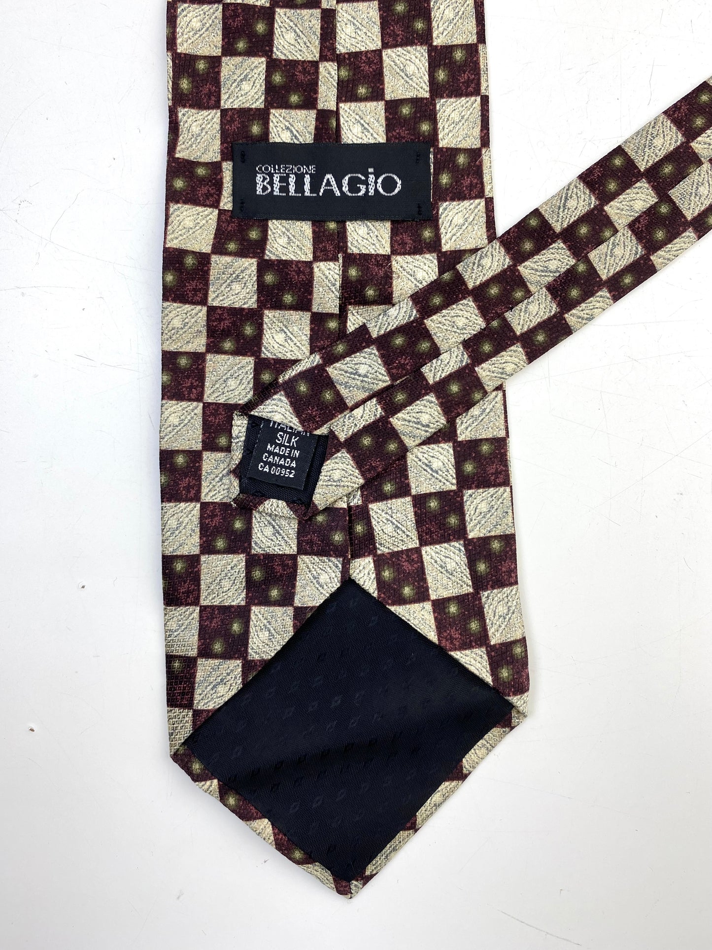 90s Deadstock Silk Necktie, Vintage Wine/ Beige Check Pattern Tie, NOS